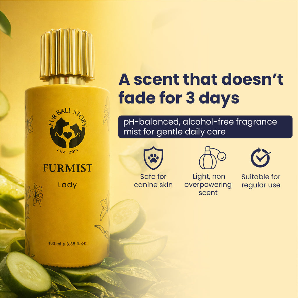 Furmist Lady bottle with text claiming the scent lasts for 3 days, featuring icons showing it is safe for canine skin, light and non-overpowering, and suitable for regular use.