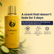 Furmist Lady bottle with text claiming the scent lasts for 3 days, featuring icons showing it is safe for canine skin, light and non-overpowering, and suitable for regular use.