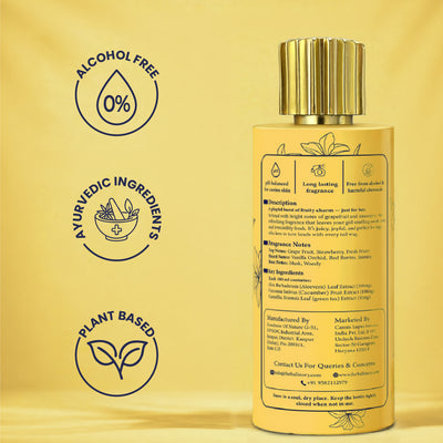 The back label of the Furmist Lady bottle showing descriptions, ingredients, and manufacturing details, alongside icons for 0% Alcohol, Ayurvedic Ingredients, and Plant-Based formulation.