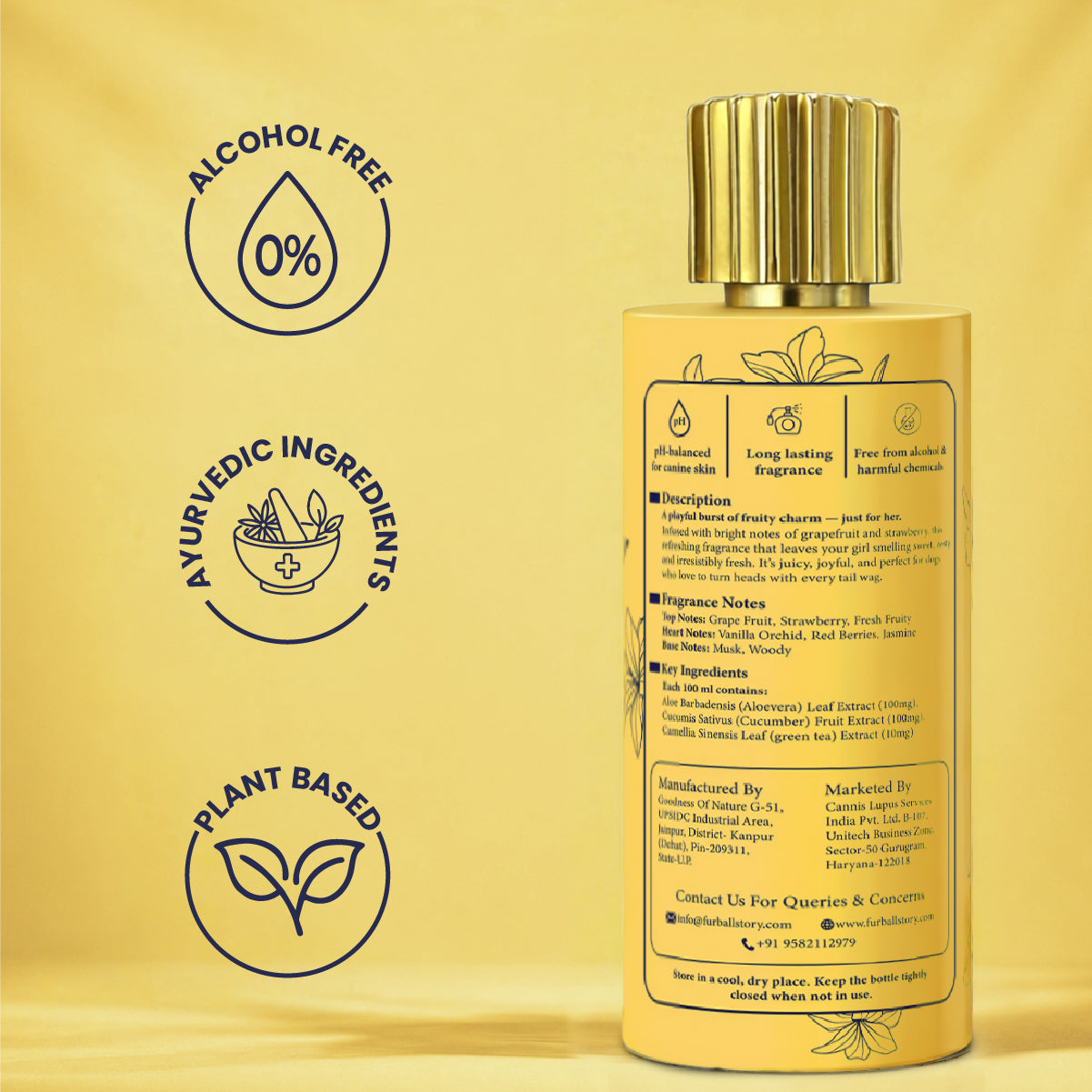 The back label of the Furmist Lady bottle showing descriptions, ingredients, and manufacturing details, alongside icons for 0% Alcohol, Ayurvedic Ingredients, and Plant-Based formulation.