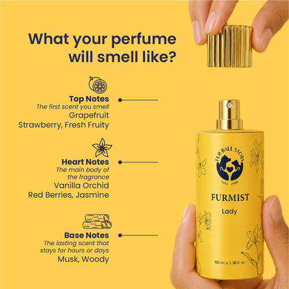Infographic detailing the perfume's fragrance layers: Grapefruit and Strawberry top notes; Vanilla Orchid, Red Berries, and Jasmine heart notes; Musk and Woody base notes.