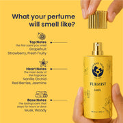 Infographic detailing the perfume's fragrance layers: Grapefruit and Strawberry top notes; Vanilla Orchid, Red Berries, and Jasmine heart notes; Musk and Woody base notes.