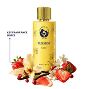 A yellow bottle of Furmist Lady dog perfume surrounded by fresh strawberries, vanilla orchids, grapefruit slices, and jasmine flowers under the text "Key Fragrance Notes".