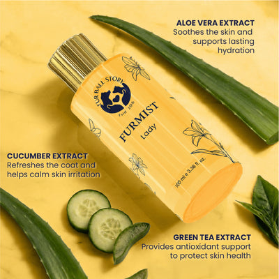 Product graphic highlighting natural ingredients: Aloe Vera extract for hydration, Cucumber extract to calm irritation, and Green Tea extract for antioxidant skin support.