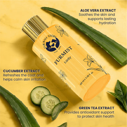 Product graphic highlighting natural ingredients: Aloe Vera extract for hydration, Cucumber extract to calm irritation, and Green Tea extract for antioxidant skin support.