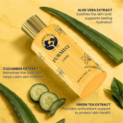 Product graphic highlighting natural ingredients: Aloe Vera extract for hydration, Cucumber extract to calm irritation, and Green Tea extract for antioxidant skin support.