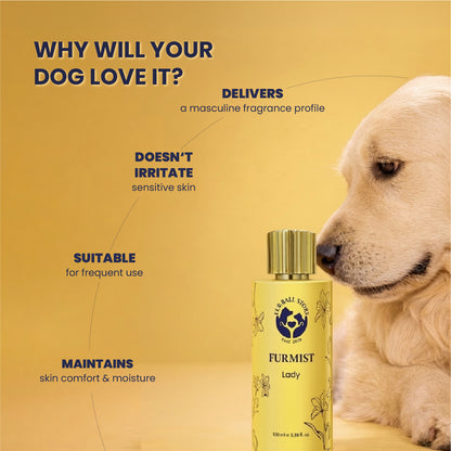 A Golden Retriever next to the perfume bottle with text stating it delivers a fragrance profile that doesn't irritate sensitive skin, is suitable for frequent use, and maintains moisture.