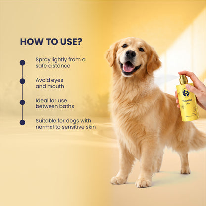 A hand spraying the mist onto a Golden Retriever with usage instructions: spray lightly from a safe distance, avoid eyes and mouth, ideal between baths, and safe for sensitive skin.