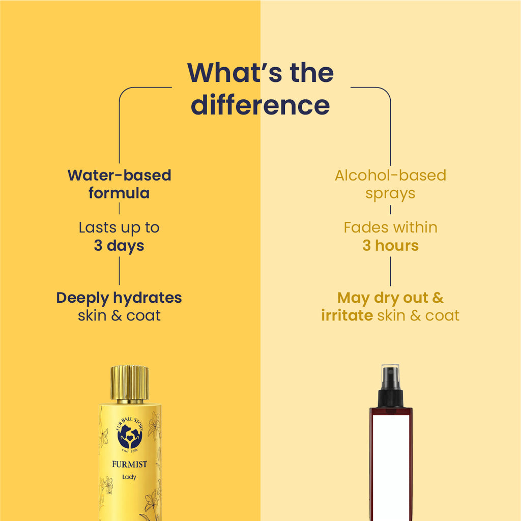 A comparison chart showing the benefits of Furmist's water-based formula (lasts 3 days, deeply hydrates) versus traditional alcohol-based sprays (fades in 3 hours, may irritate skin).
