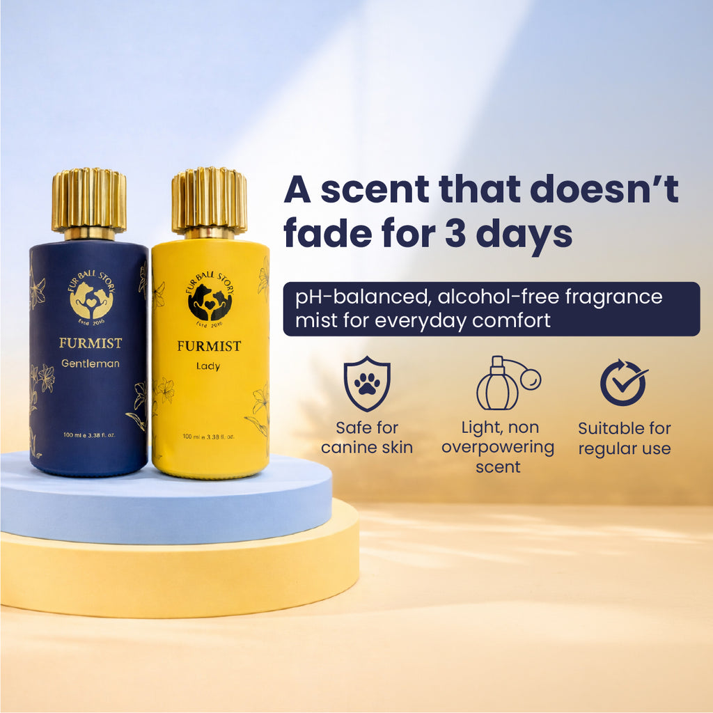 Advertisement stating the scent lasts for 3 days, featuring icons for safe canine skin, a light non-overpowering scent, and suitability for regular use.