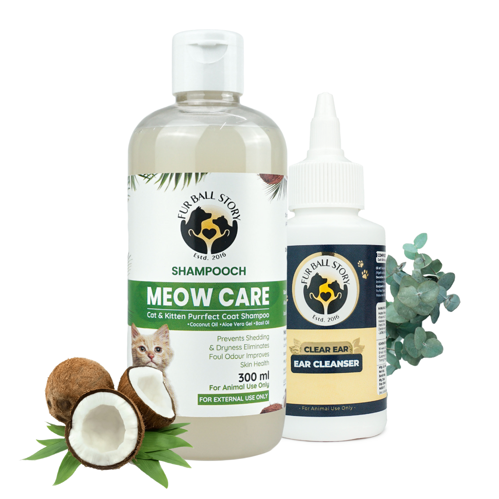 A product bundle featuring the Meow Care cat shampoo and Clear Ear cleanser bottles on a checkered background with coconut and eucalyptus.