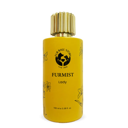A sophisticated portrait of the Furmist Lady pet perfume. The vibrant mustard-yellow bottle is adorned with delicate black floral sketches and crowned with a fluted gold cap, presenting a luxury "spa-day" aesthetic for female dogs.