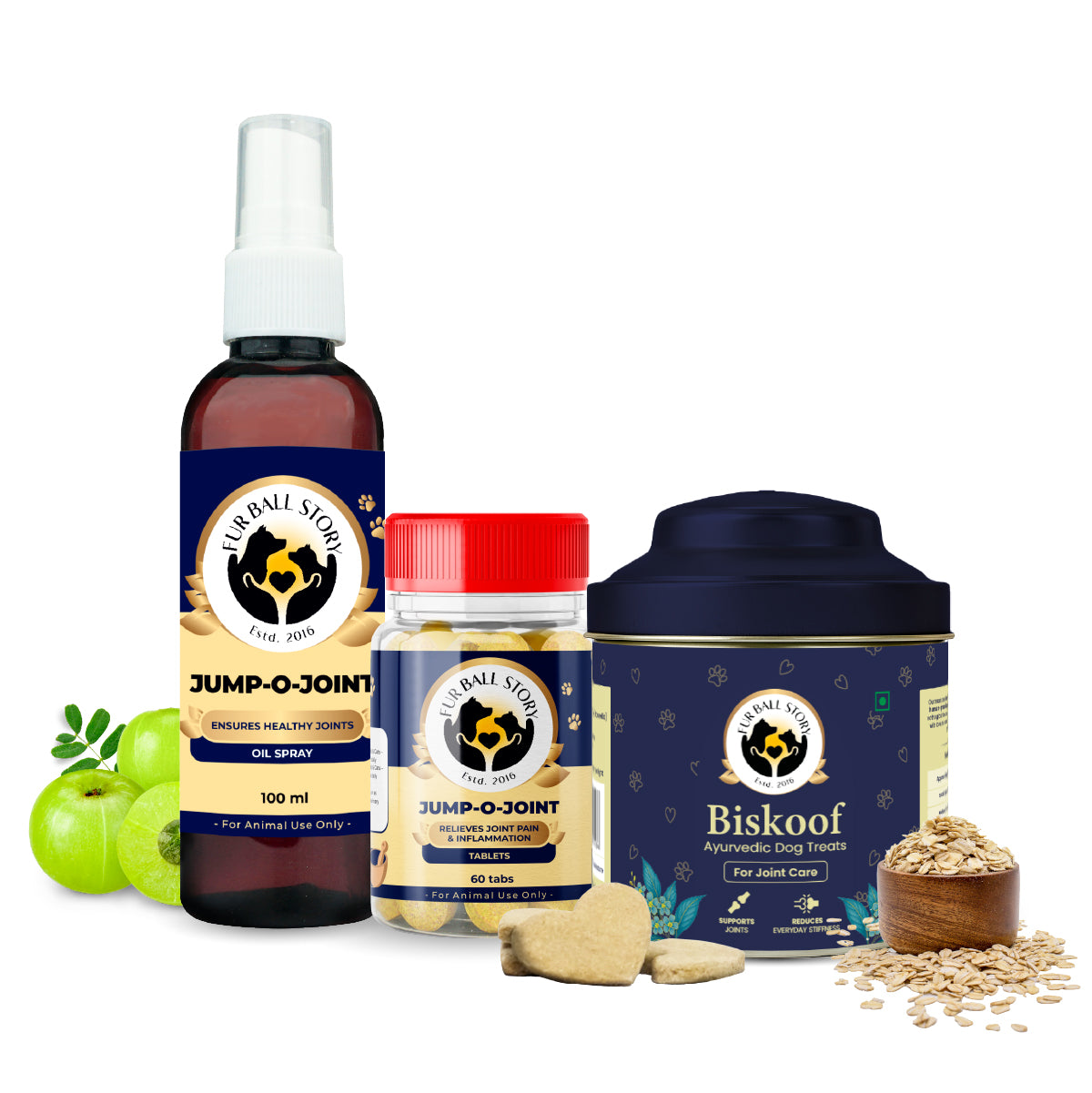 An inviting trio of "Fur Ball Story" joint care products—spray, tablets, and heart-shaped treats—surrounded by fresh green amla and a rustic bowl of oats. This layout highlights the natural, Ayurvedic ingredients intended to keep pets active and happy.