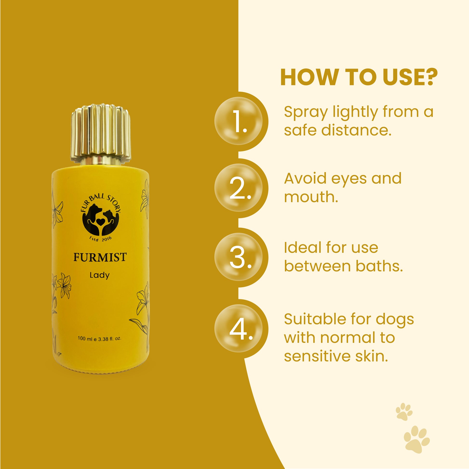 A four-step visual guide for pet grooming: 1. Spray lightly from a safe distance, 2. Avoid eyes and mouth, 3. Use between baths, and 4. A confirmation that the mist is ideal for dogs with normal to sensitive skin.