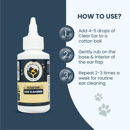 A 3-step visual instruction guide explaining how to apply the ear cleanser drops using a cotton ball.