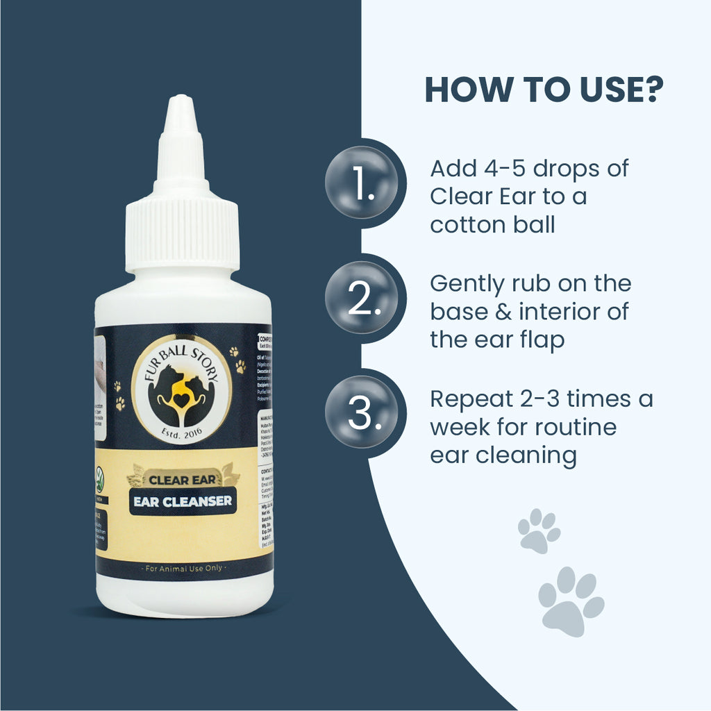 A 3-step visual instruction guide explaining how to apply the ear cleanser drops using a cotton ball.