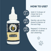 A 3-step visual instruction guide explaining how to apply the ear cleanser drops using a cotton ball.