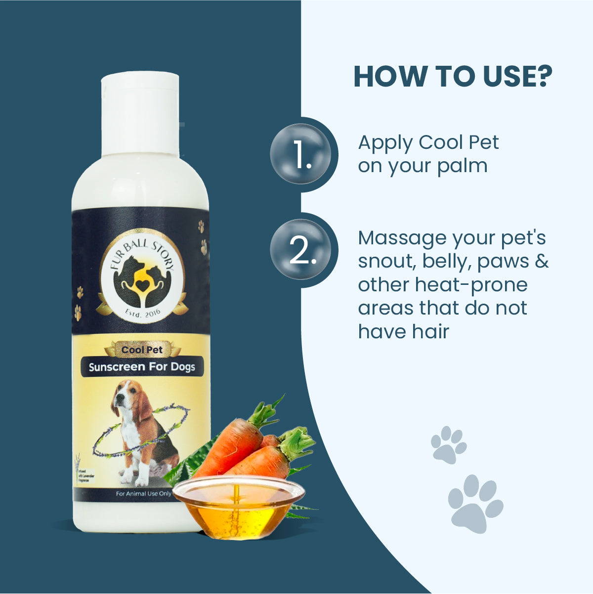 Step-by-step instructions on how to apply sunscreen to a pet's palm and massage it into hairless areas like the snout, belly, and paws.