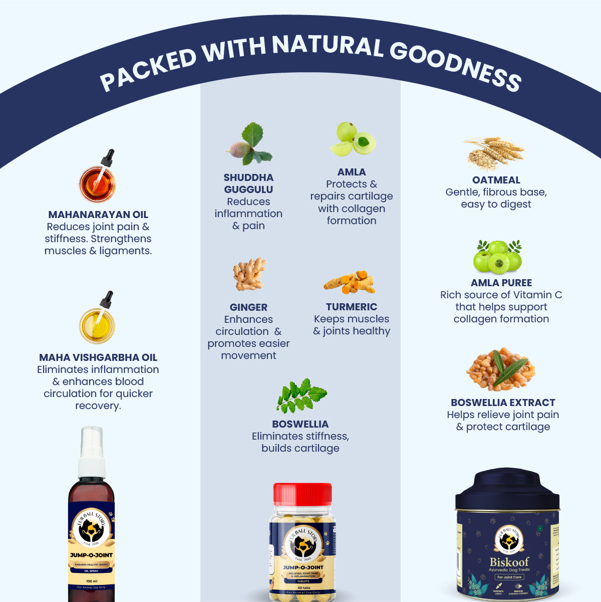 A "Packed with Natural Goodness" guide showcasing powerful Ayurvedic elements like Mahanarayan oil, Boswellia, and Turmeric. Each ingredient is paired with its specific benefit, such as reducing inflammation or repairing cartilage for better pet movement.