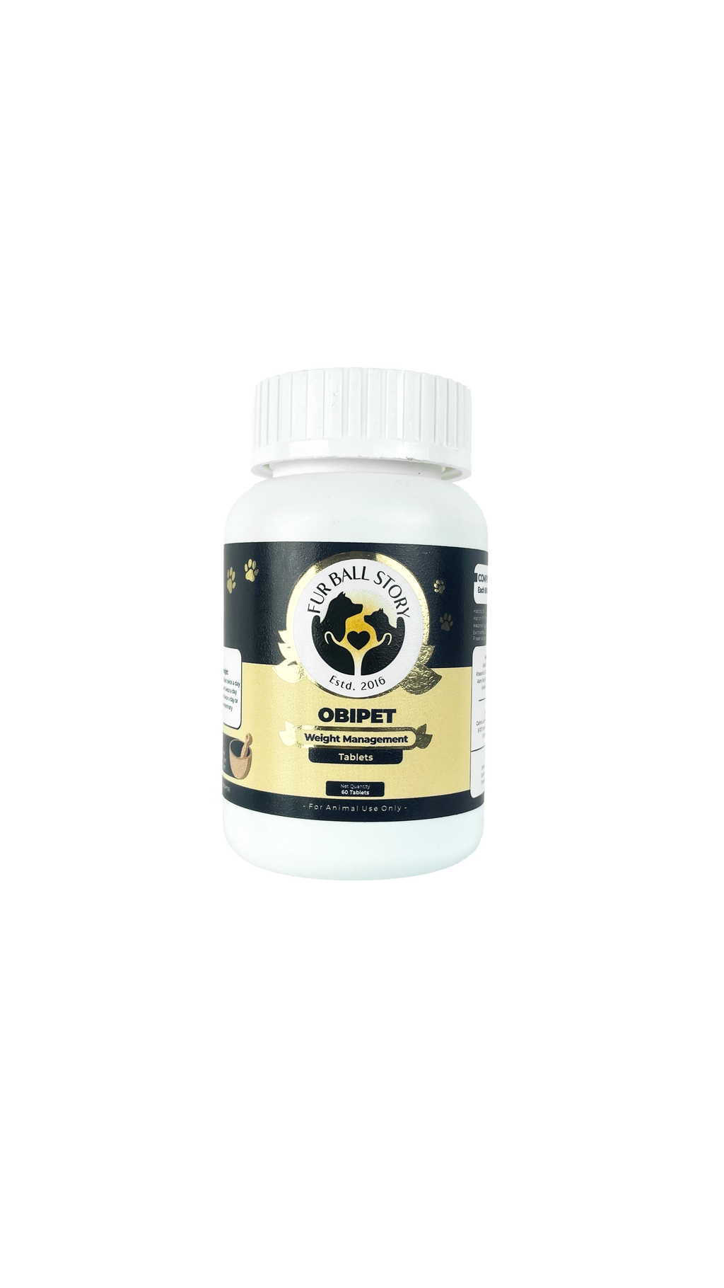 An isolated product shot of the Obipet Weight Management bottle centered on a transparent grid background.