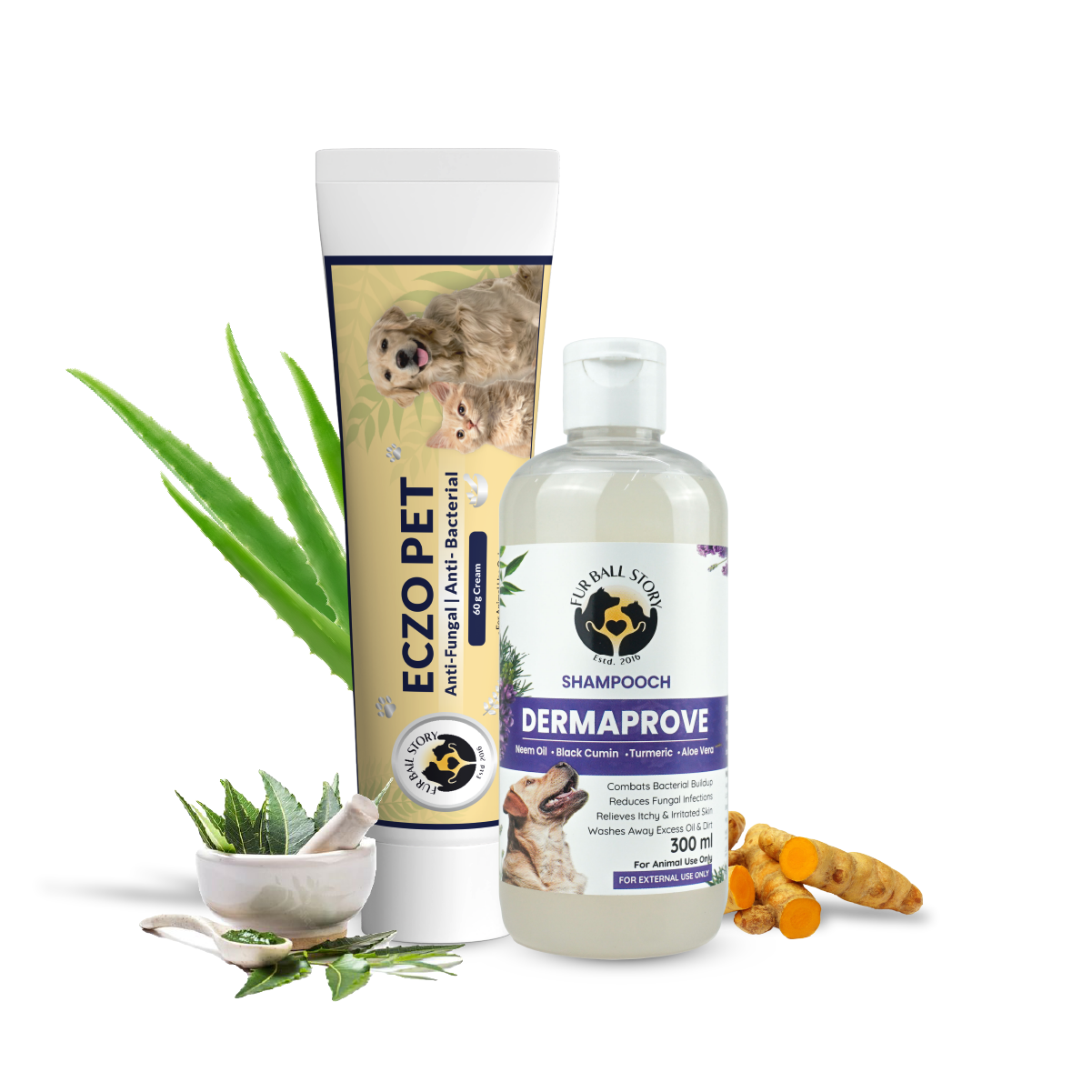 A product display of Eczo Pet cream and Shampooch Dermaprove shampoo, surrounded by raw natural ingredients like aloe vera, turmeric, and neem leaves in a mortar and pestle.