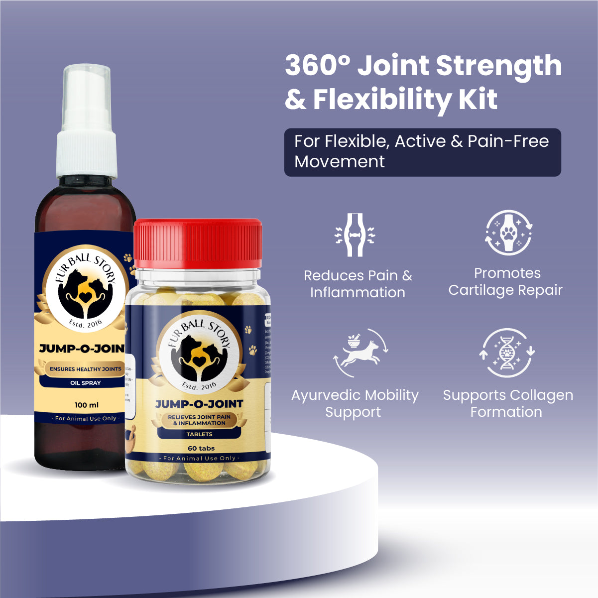 Promotional graphic showing a joint pain relief oil spray and tablet bottle next to icons highlighting benefits: pain reduction, cartilage repair, Ayurvedic support, and collagen formation.