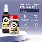 Promotional graphic showing a joint pain relief oil spray and tablet bottle next to icons highlighting benefits: pain reduction, cartilage repair, Ayurvedic support, and collagen formation.