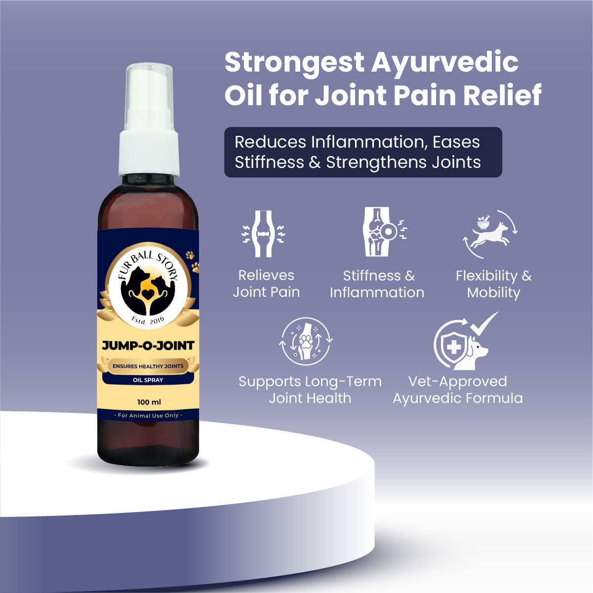 Infographic showing the Jump-O-Joint spray bottle on a pedestal next to text and icons highlighting benefits like joint pain relief, inflammation reduction, and mobility support.