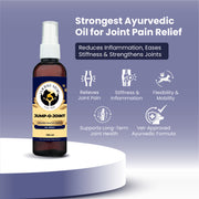 Infographic showing the Jump-O-Joint spray bottle on a pedestal next to text and icons highlighting benefits like joint pain relief, inflammation reduction, and mobility support.