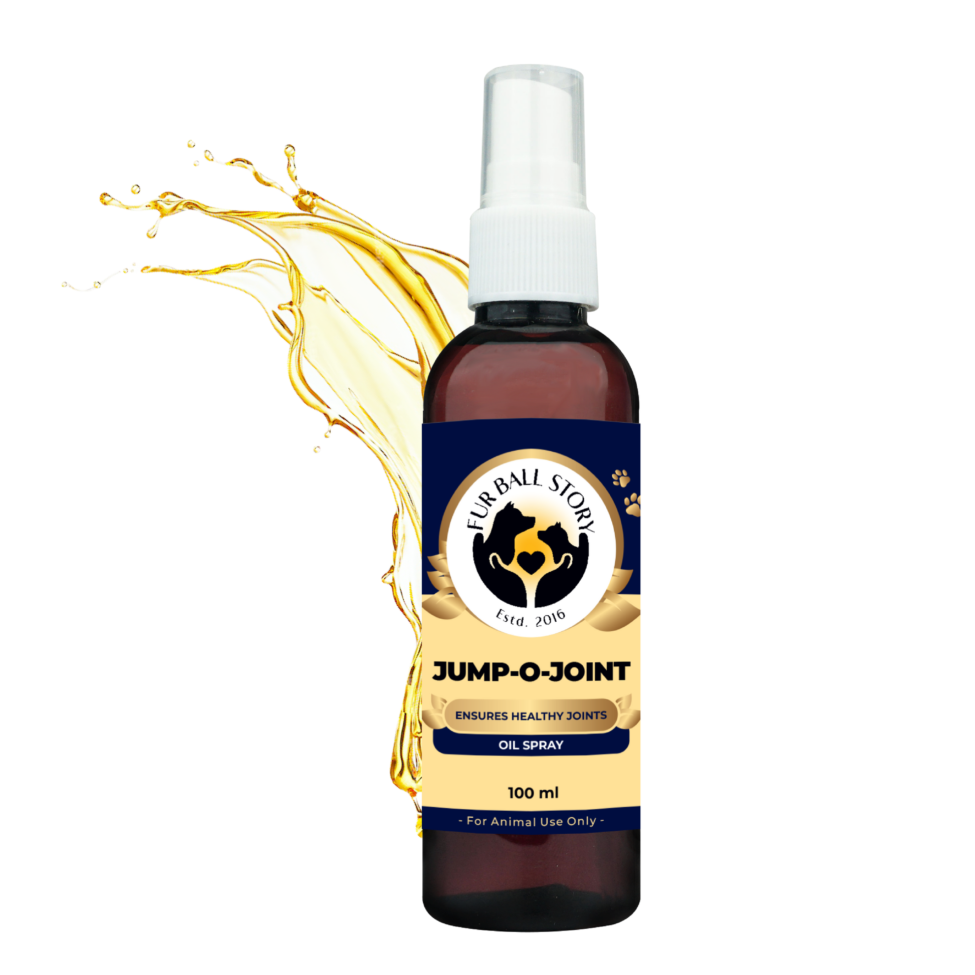 A bottle of Jump-O-Joint oil spray with a vibrant golden oil splash graphic in the background, set on a transparent grid.