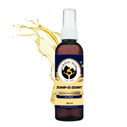 A bottle of Jump-O-Joint oil spray with a vibrant golden oil splash graphic in the background, set on a transparent grid.