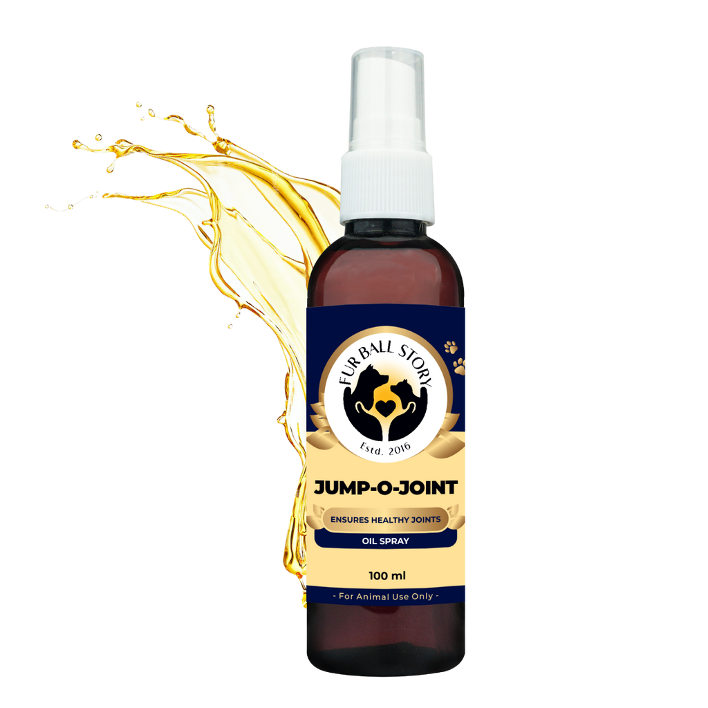A bottle of Jump-O-Joint oil spray with a vibrant golden oil splash graphic in the background, set on a transparent grid.