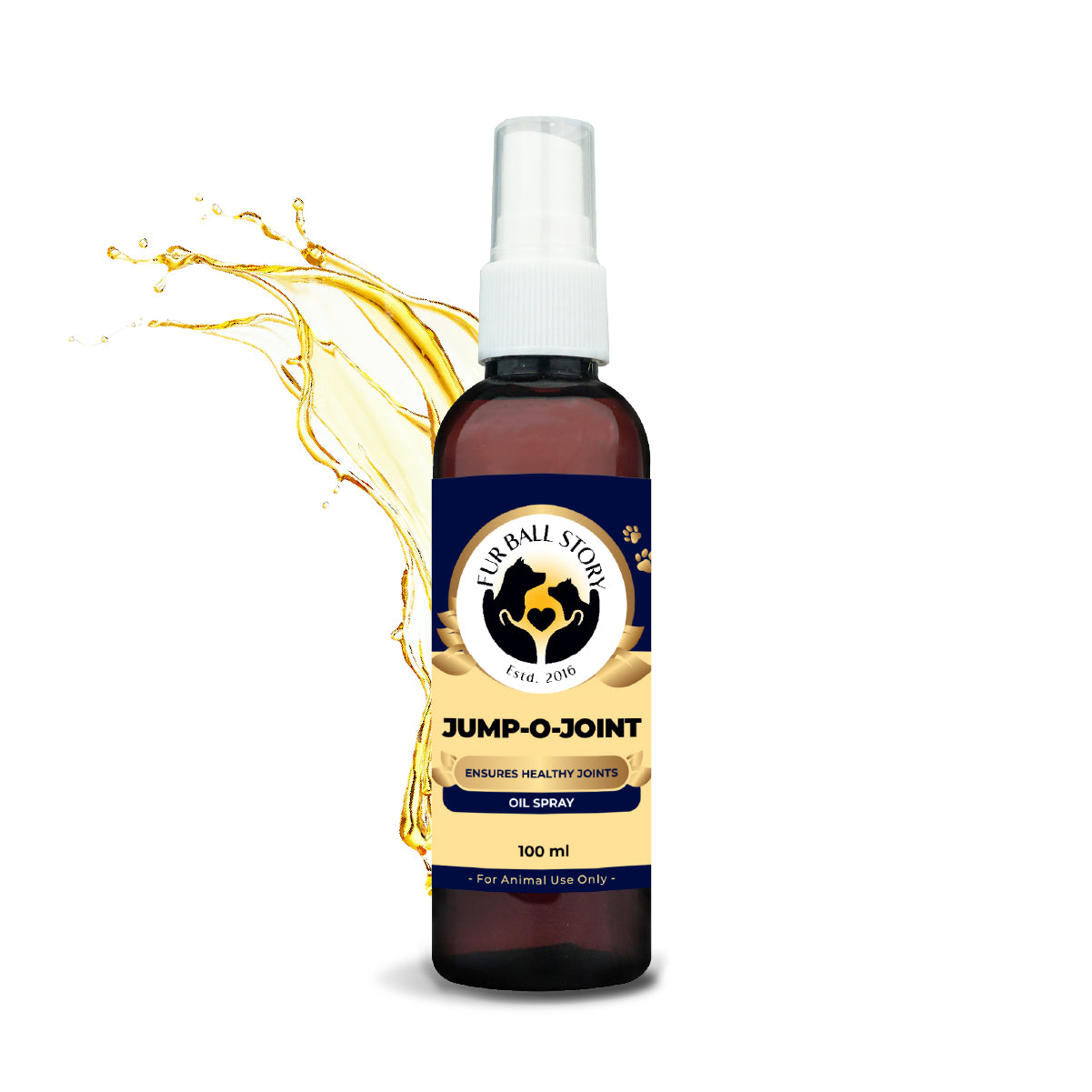 A bottle of Jump-O-Joint oil spray featuring a golden oil splash graphic behind it, set against a plain white background.