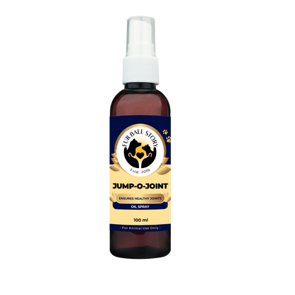 A 100ml spray bottle of Fur Ball Story Jump-O-Joint oil spray for animal joint health, centered against a transparent grid background.
