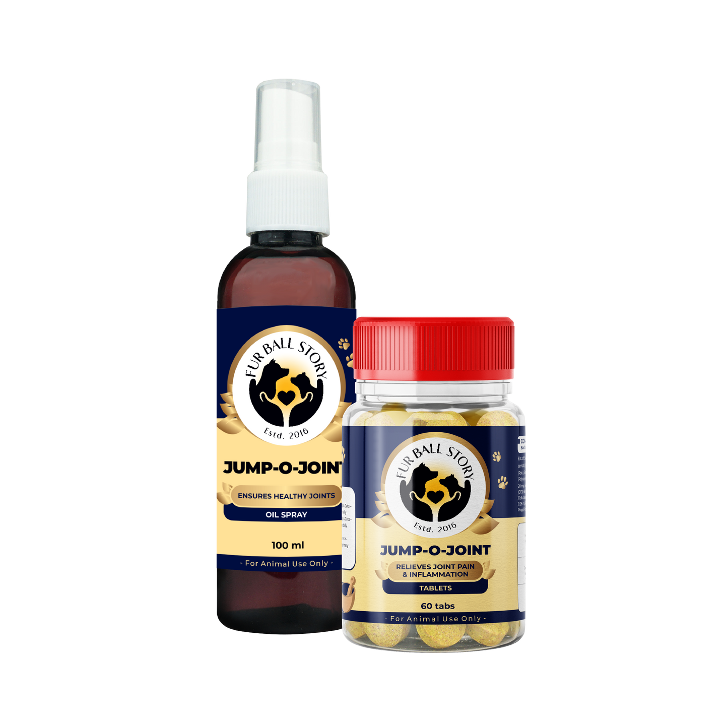 A bottle of Jump-O-Joint oil spray standing next to a jar of Jump-O-Joint joint health tablets on a transparent background.
