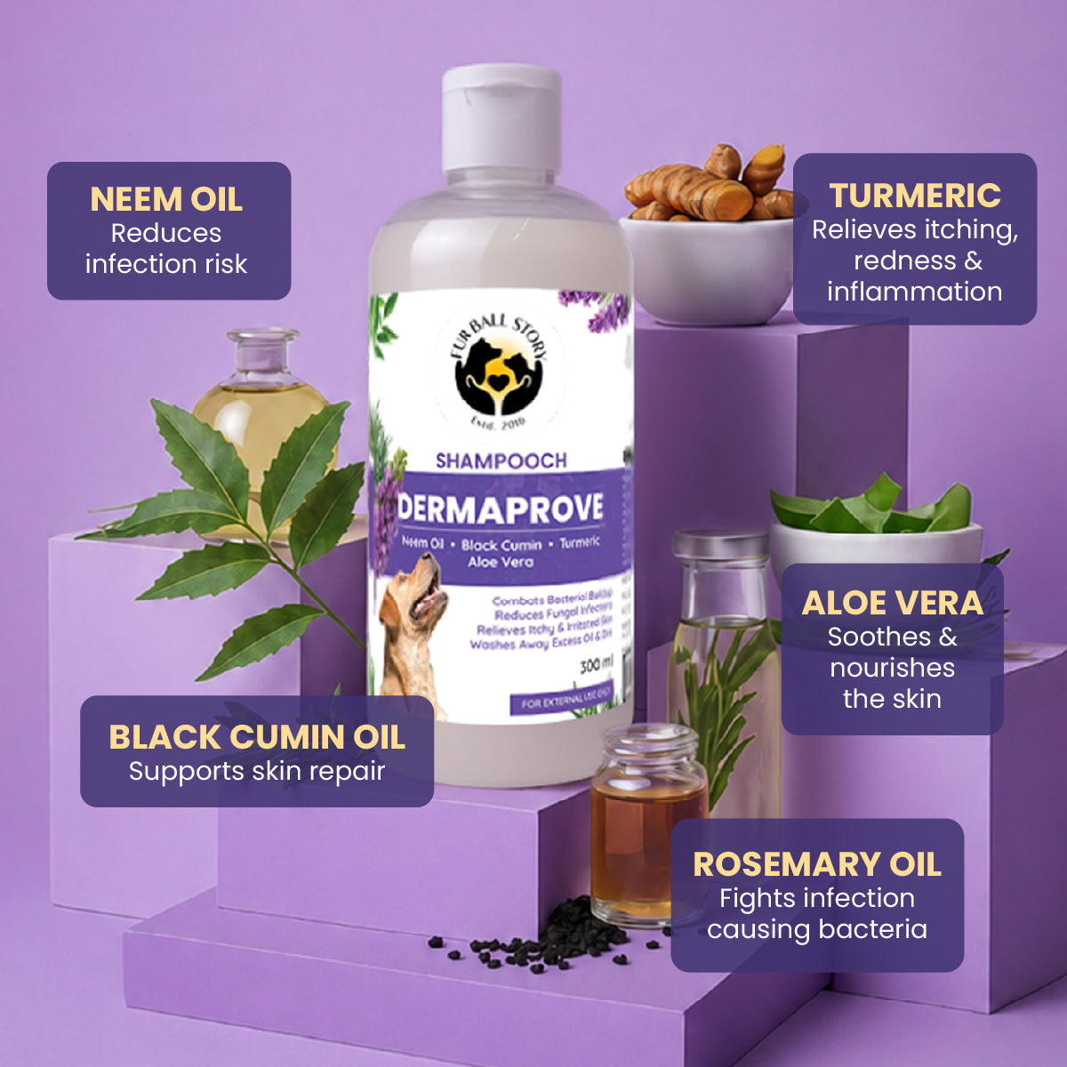 Infographic showing a bottle of Dermaprove dog shampoo surrounded by its key natural ingredients: Neem Oil, Turmeric, Black Cumin Oil, Aloe Vera, and Rosemary Oil.