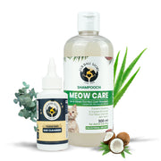 Fur Ball Story grooming combo featuring Meow Care shampoo and Clear Ear cleanser with raw coconut and aloe vera accents.