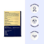A detailed view of the back of the packaging alongside icons for "Vet Approved," "Ayurvedic Formulation," and "Plant Based." It provides transparency on the manufacturing by Multani Pharmaceuticals and the full 500mg ingredient composition.