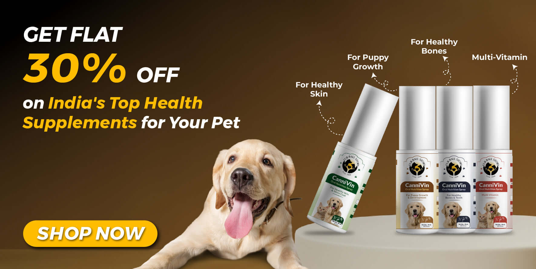 30% off pet health supplements, CanniVin sprays for skin, growth, bones.