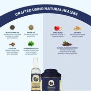 An ingredient map titled "Crafted Using Natural Healers," connecting botanical extracts like Clove Oil and Peppermint Satva to specific healing benefits, such as numbing toothaches and breaking down microbial buildup.