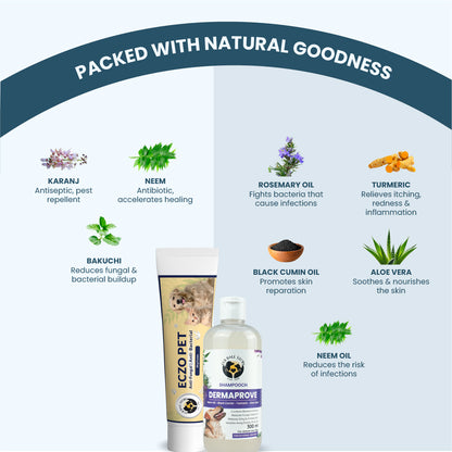 An infographic titled "Packed With Natural Goodness" detailing the benefits of key ingredients: Karanj, Neem, Rosemary Oil, Turmeric, Bakuchi, Black Cumin Oil, and Aloe Vera.