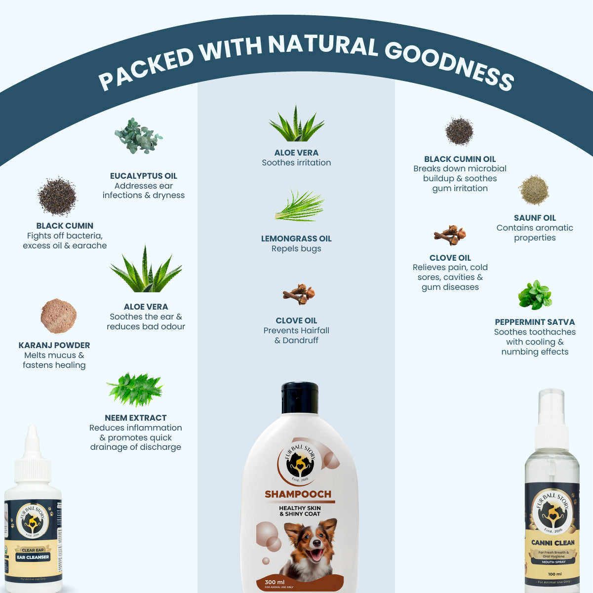 Infographic titled "PACKED WITH NATURAL GOODNESS" detailing natural ingredients like Eucalyptus oil, Aloe Vera, and Black Cumin used in the displayed pet care grooming products.