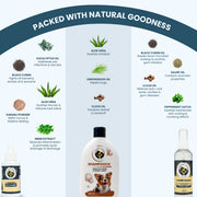 Infographic titled "PACKED WITH NATURAL GOODNESS" detailing natural ingredients like Eucalyptus oil, Aloe Vera, and Black Cumin used in the displayed pet care grooming products.
