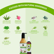 A grid detailing eight natural ingredients—including aloe vera, neem, and tea tree oil—and their specific skin-soothing and insect-repelling benefits.