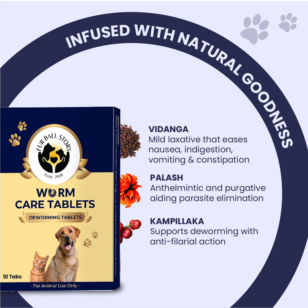 Visual breakdown of the "Natural Goodness" inside: Vidanga for easing indigestion, Palash for aiding parasite elimination, and Kampillaka for anti-filarial support. Each herb is paired with a high-quality botanical photo.