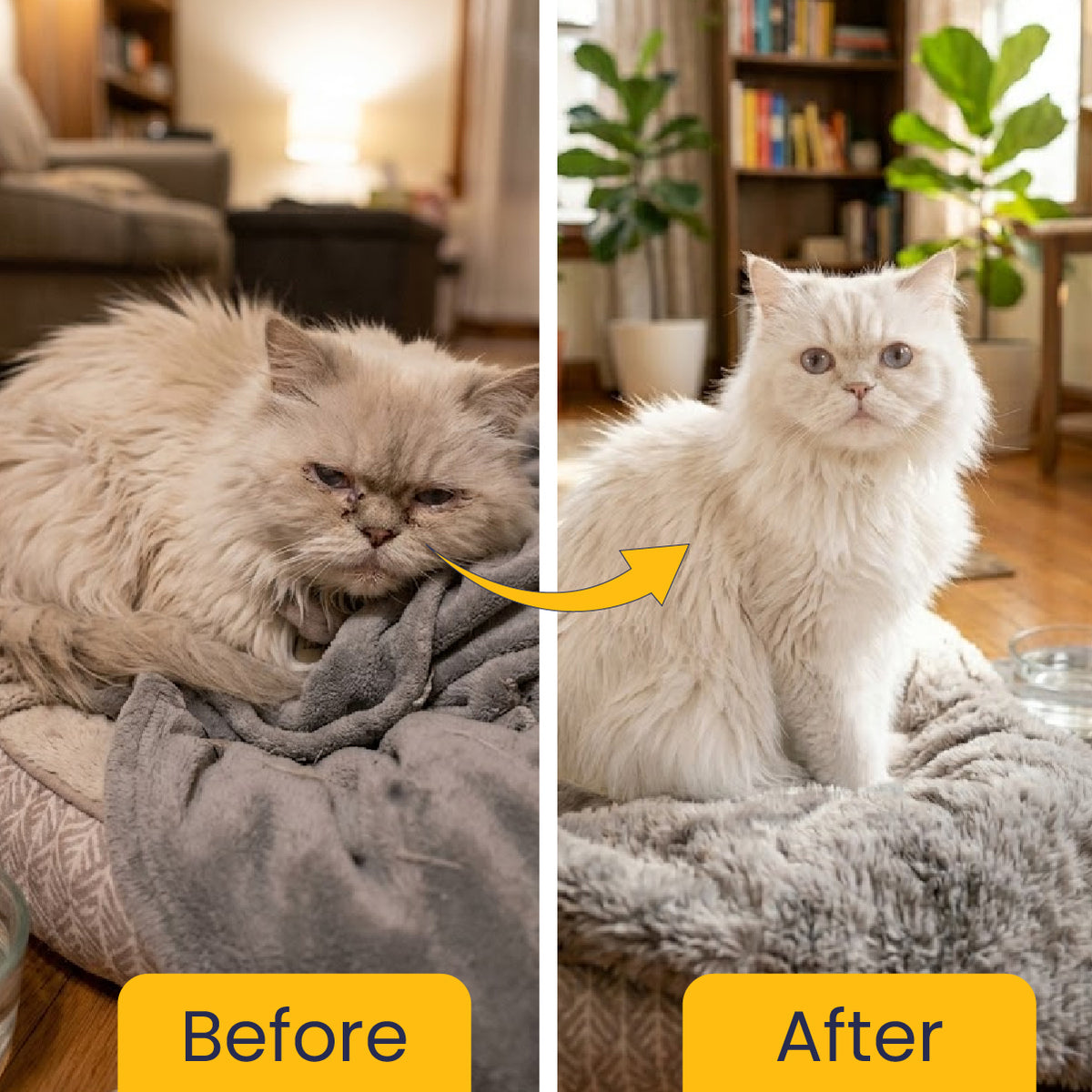 Before and after results showing improved hairball control and digestive wellness after using Fur Ball Story Feli Clear for cats