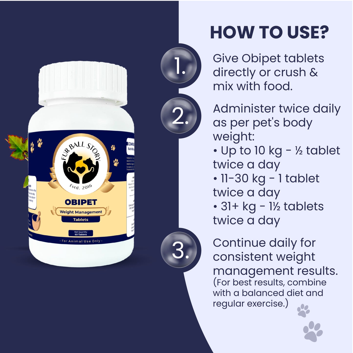 Weight-based daily dosage instructions for administering Obipet tablets to dogs.