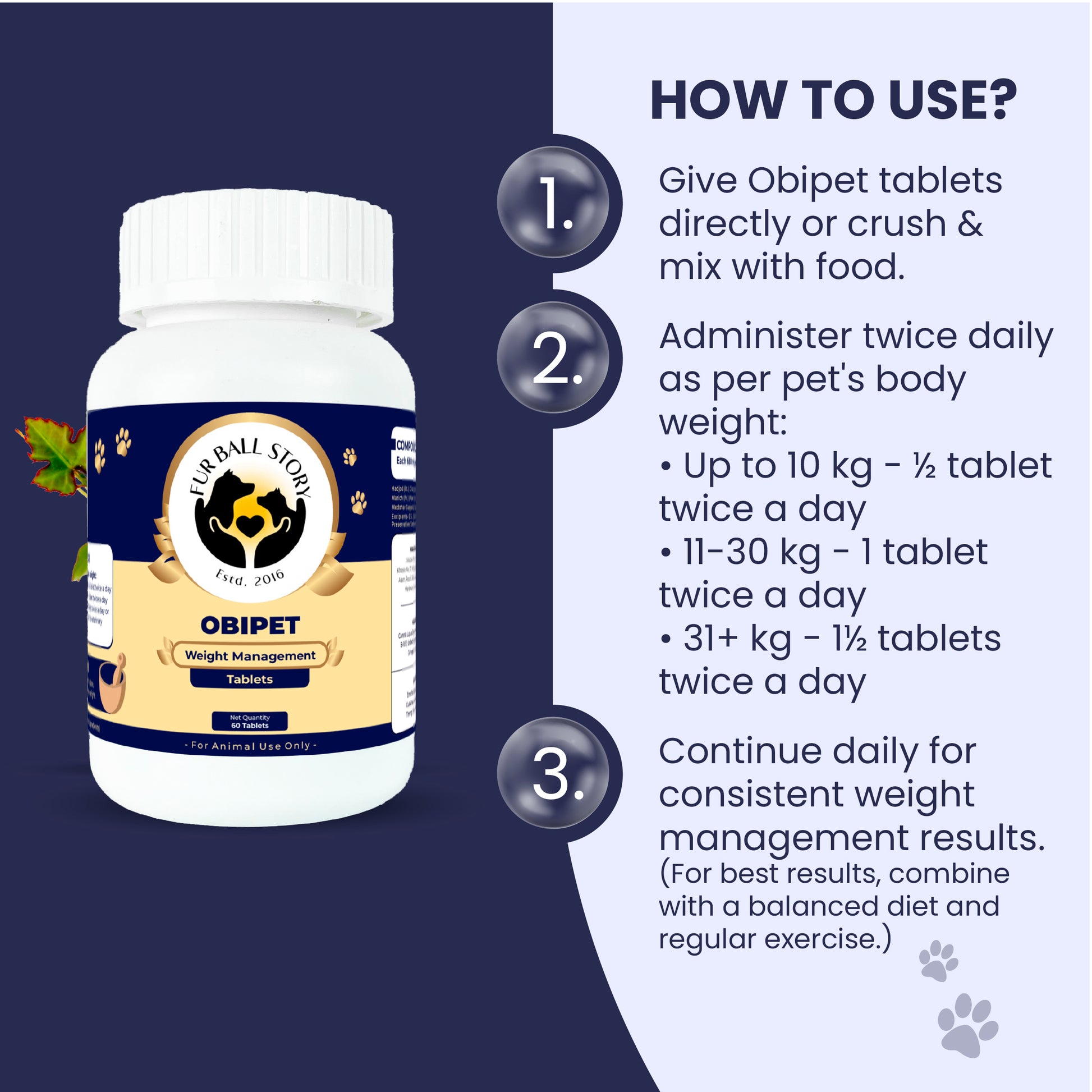 Weight-based daily dosage instructions for administering Obipet tablets to dogs.