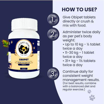 Weight-based daily dosage instructions for administering Obipet tablets to dogs.