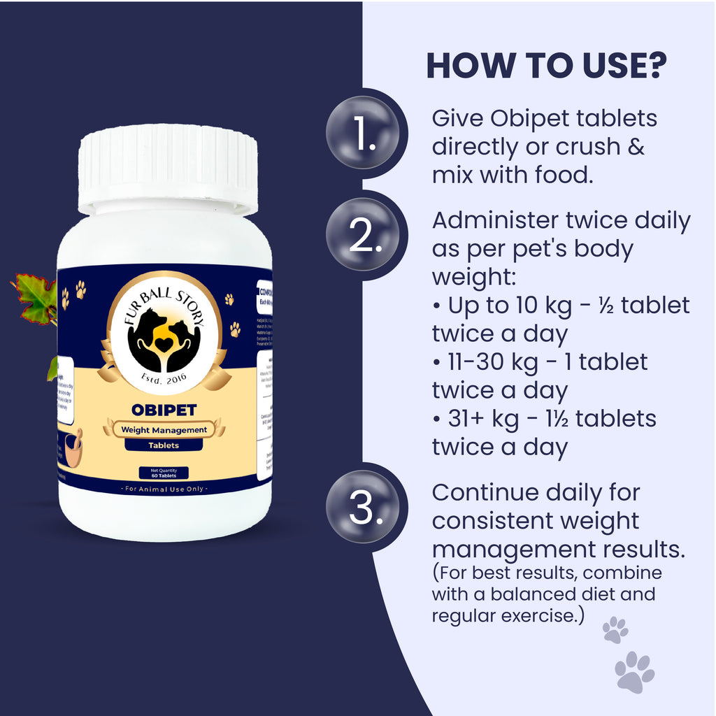 Weight-based daily dosage instructions for administering Obipet tablets to dogs.